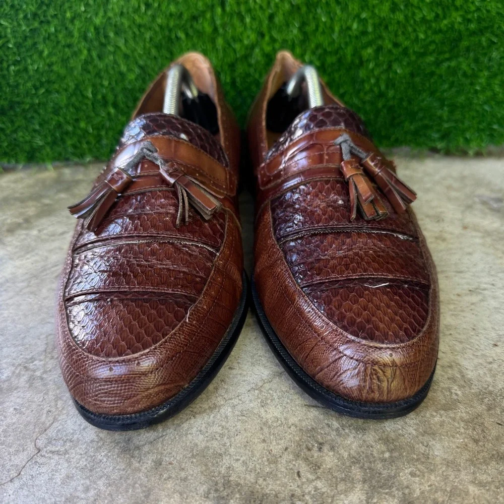 Vintage 90s Stacy Adams Genuine Snake Tassel Loafers Western Brown 11